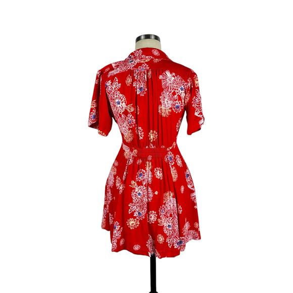 FREE PEOPLE Blue Hawaii Floral Mini Dress Cherry Red Flowers Women's Size XS - Picture 3 of 12